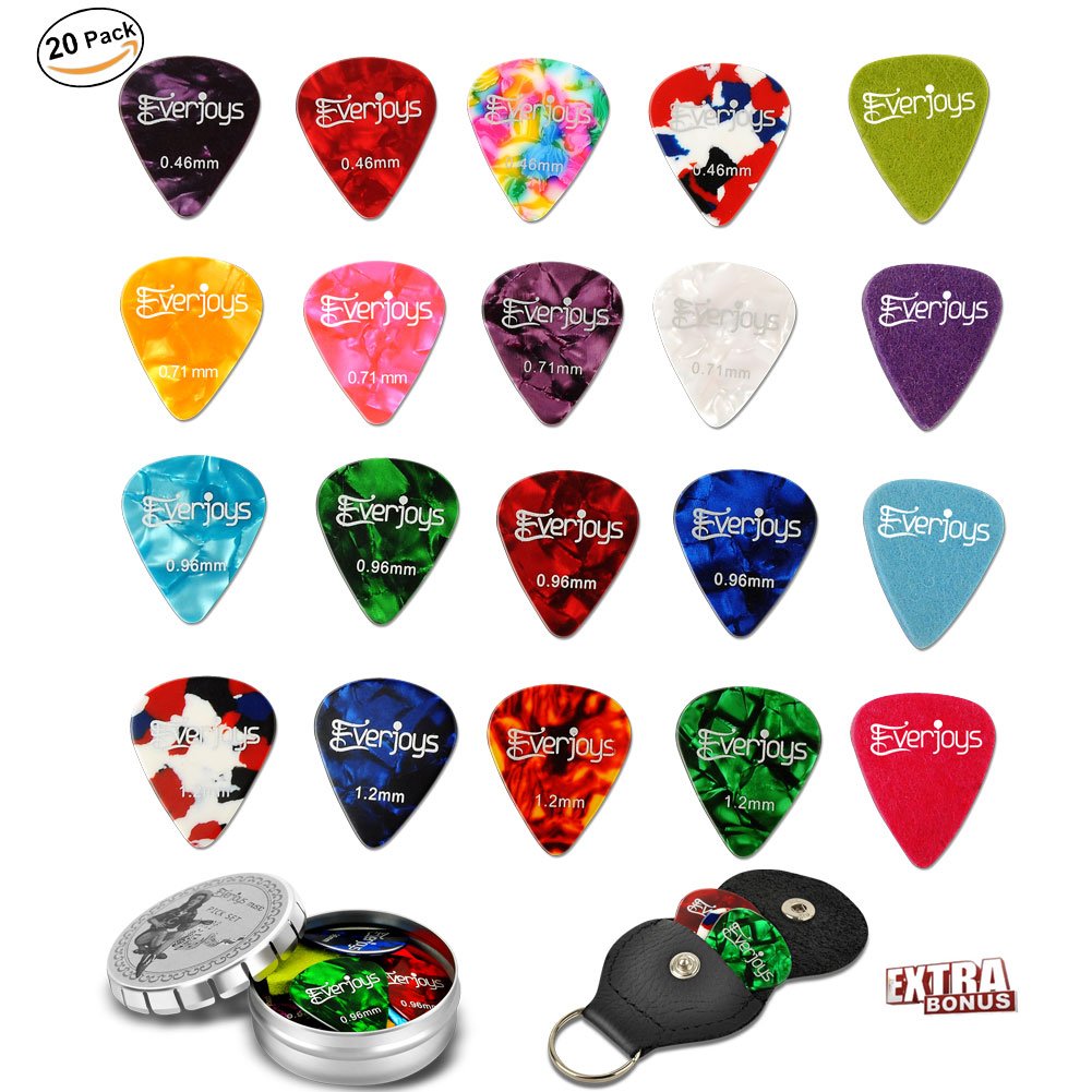 Guitar Picks - 20Pack Целлулоидные и фетровые медиаторы для бас-гитары Гавайская гитара Включает в себя тонкие, средние, тяжелые и сверхтяжелые датчики с кожанным держателем для кирок и жестяной короб