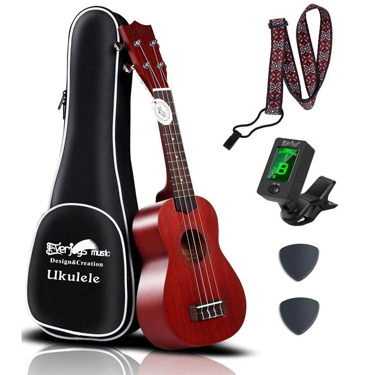Комплект Ukulele из красного дерева сопрано - Профессиональный 21-дюймовый с чехлом-ремешком для ремешка Aquila Strings EVUKP01